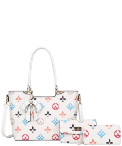 3in1 Fashion Print Design Bow Tote Bag Set DH-8093-S WHITE